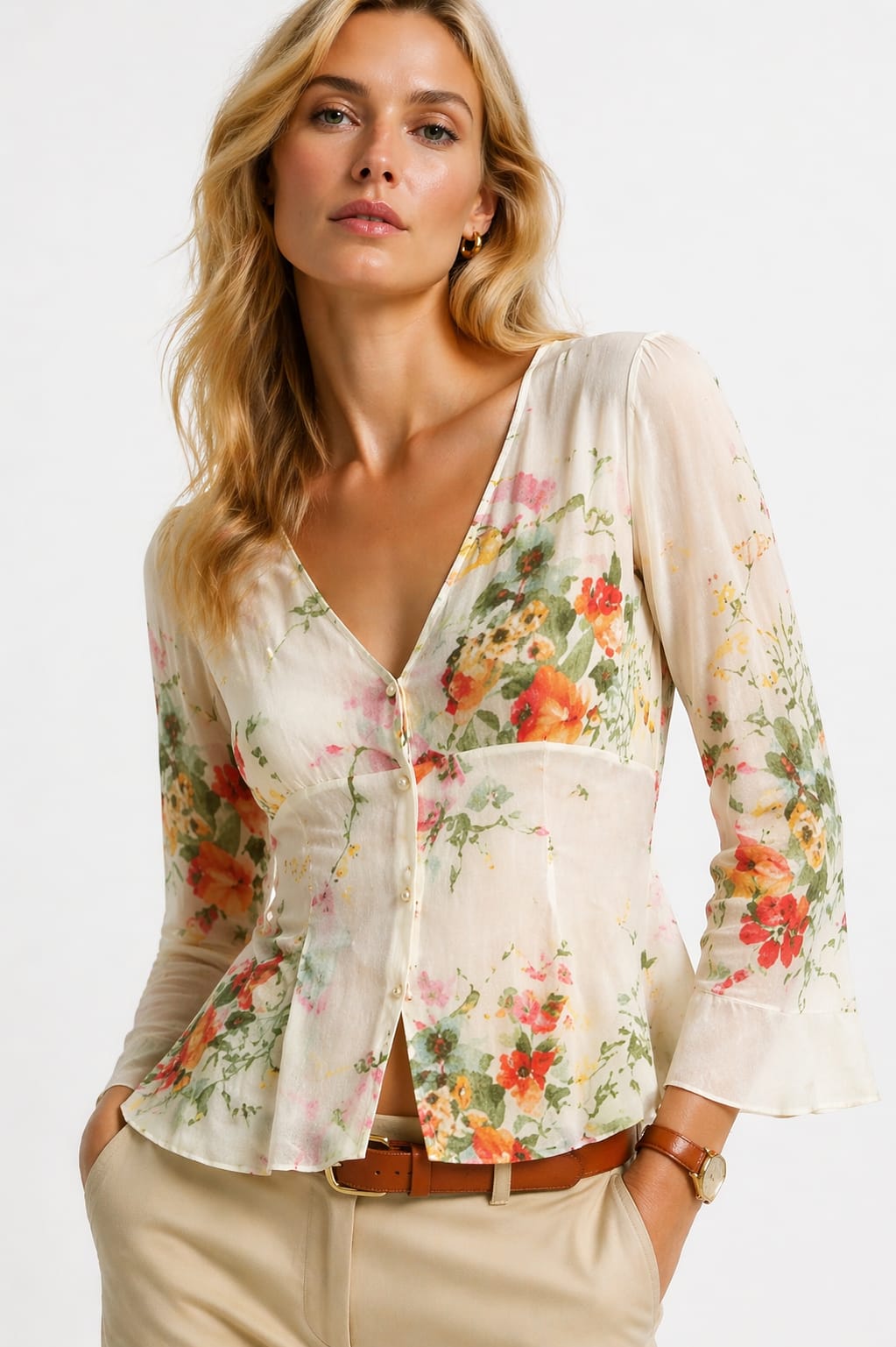 THREE-QUARTER SLEEVE SILK SHIRT
